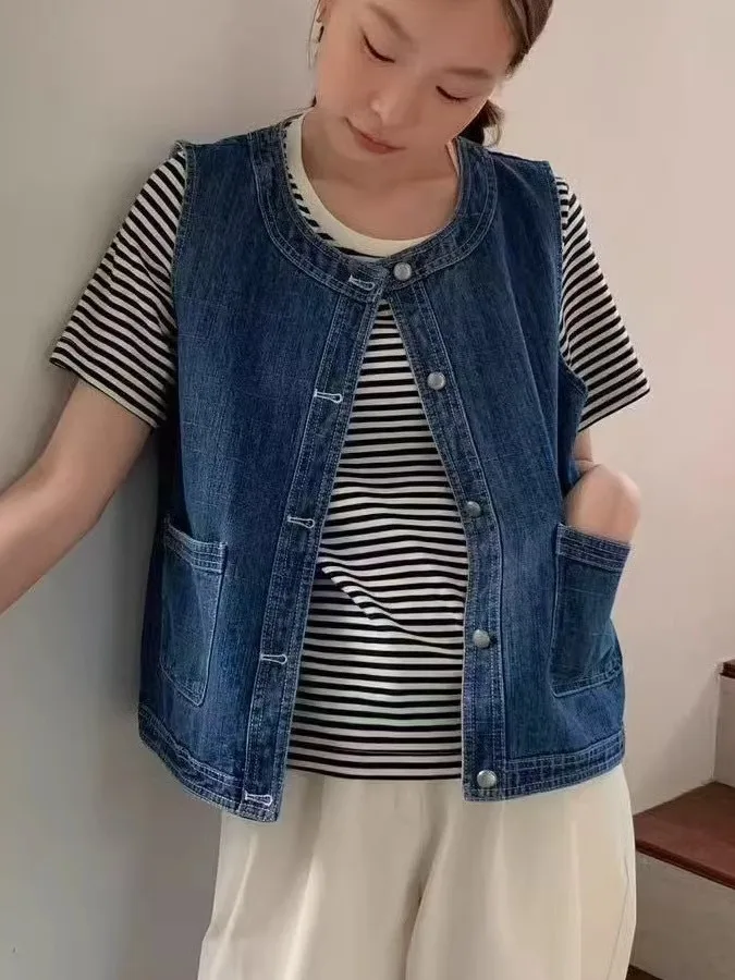 

Джинсовый жилет с завышенной талией в стиле ретро, женская майка на бретелях с толстыми слоями, модный хлопковый круглый жилет с подкладкой на плечах