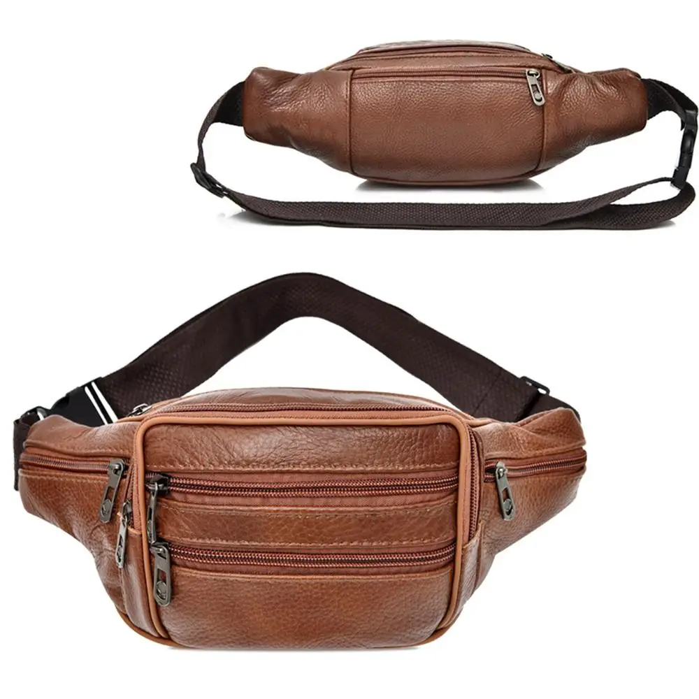 

Solid Color Men's Waist Bag Adjustable Multi-layered Genuine Leather Chest Pouch Wear-resistant Waterproof Casual Fanny Pack
