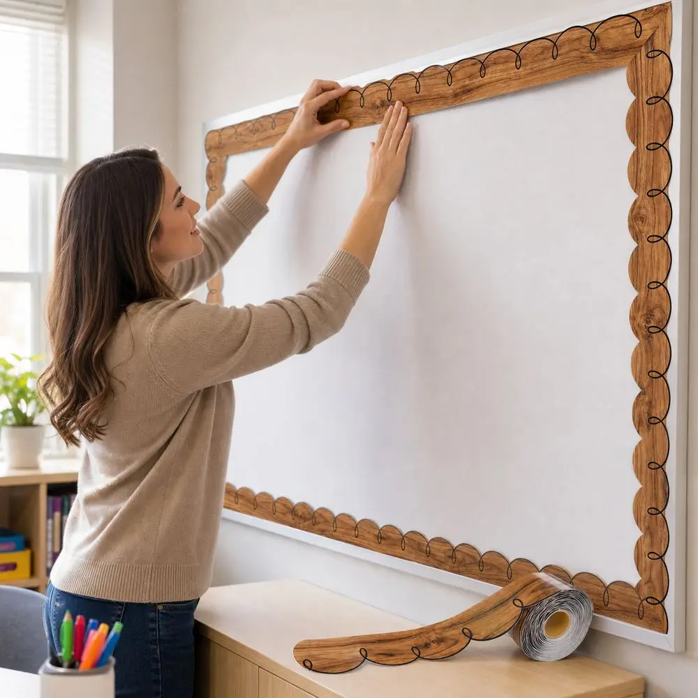 Wood Grain Bulletin Board Border Scalloped Edge 10m/Roll Border Trim Roll Cuttable Decorative Board Border Sticker