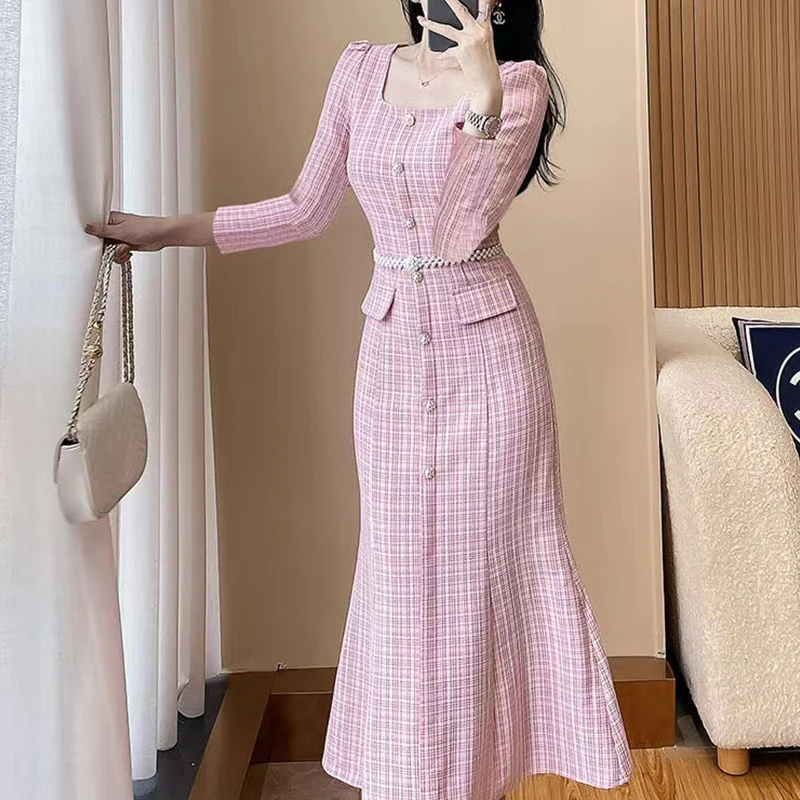 Early Autumn luxury long sleeve Square collar A-line Elegant Midi dress  High Street Fashion Commuting office ladies Long Dress