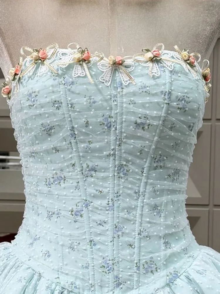 DFDG Damen-Kleid, elegantes Blumenkorsett, trägerloses Kleid, Tüllrock, Feenstil, ärmellos, A-Linie, Taille, Krawatte, 2025, Frühlings- und Sommerkleid