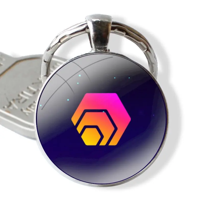 Keychain Handmade Glass Cabochon Key Ring Holder Pendant Key Chains Hex Crypto Hexagon Logo