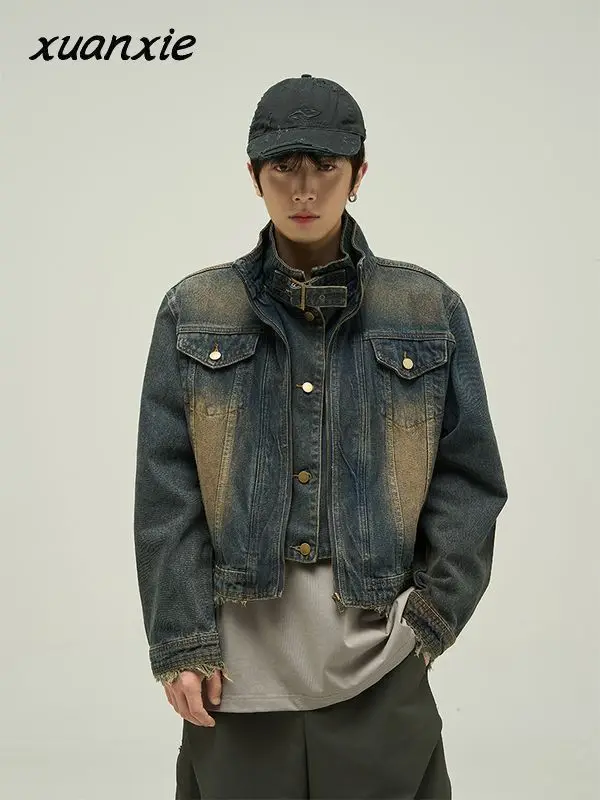 

Spring and Autumn American Street Motorcycle Denim Short Jacket Unisex Stand Collar Long Sleeve Coat Fashion Loose Couples Tops