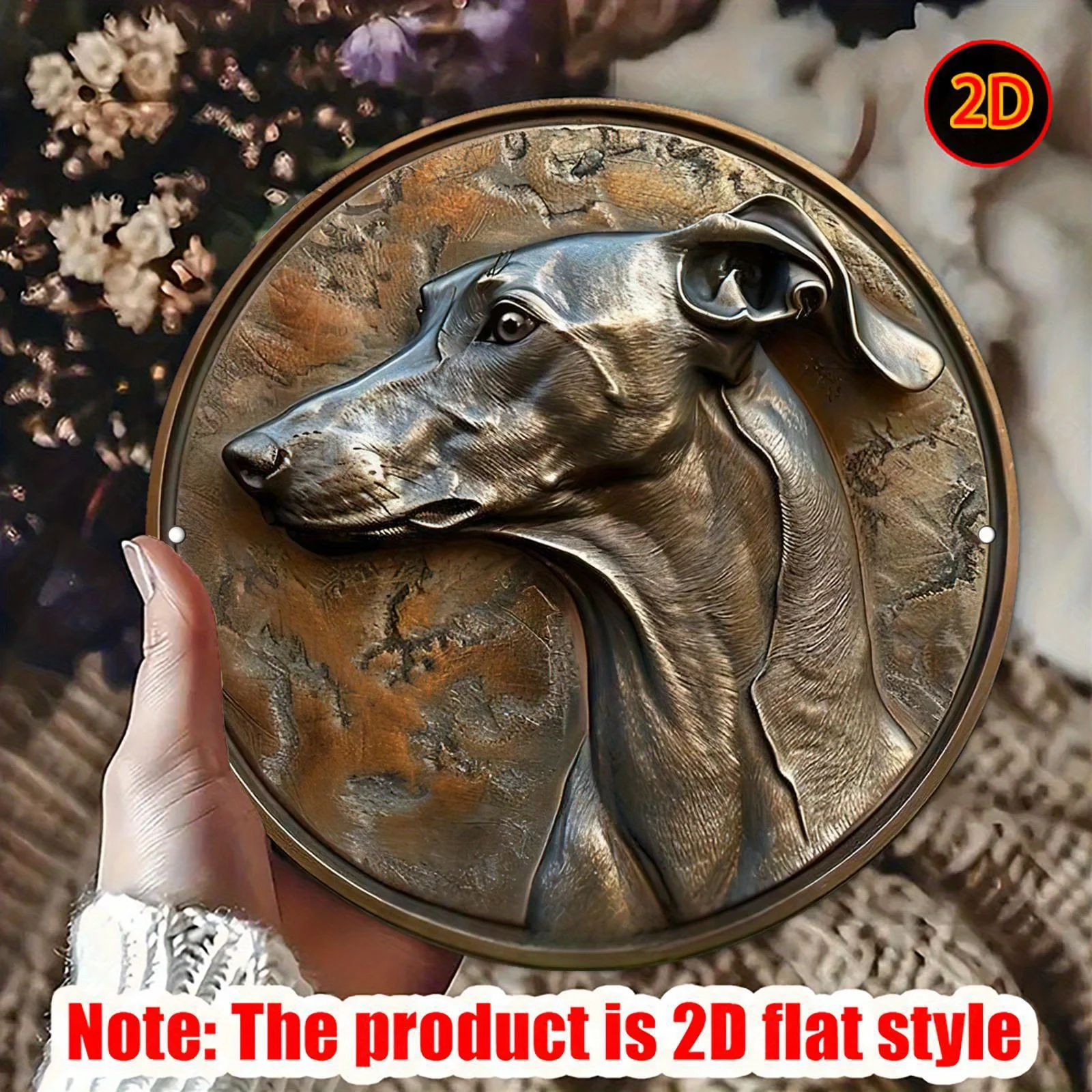 2D Flat - [2D Flat] Vintage Greyhound Metal Wall Art - 2D Flat Printed Aluminum Sign, 19.99cm Round, Rustic Finish for Bedroom,