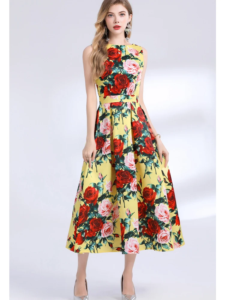 

Elegant Printed Round Neck Sleeveless High Waisted Slim Fit Dress 2025 Summer New Fashionable Women'S Clothing