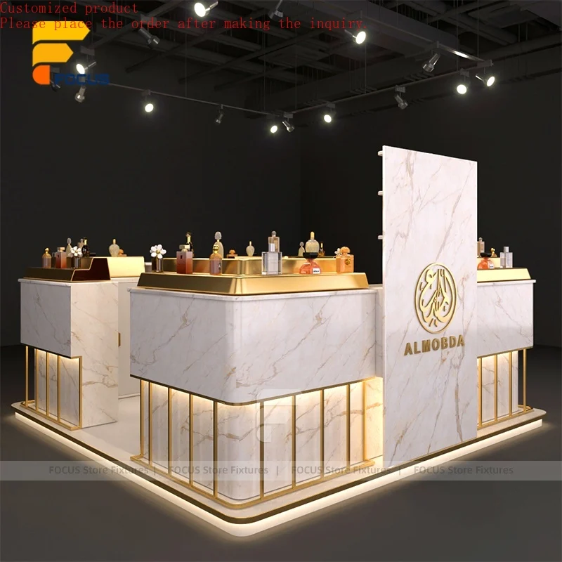 

Custom.Perfume Retail Display Counter Gold Stainless Steel Frame Glass Showcase Lockable Cabinet Modern Fragrance Store Fixture
