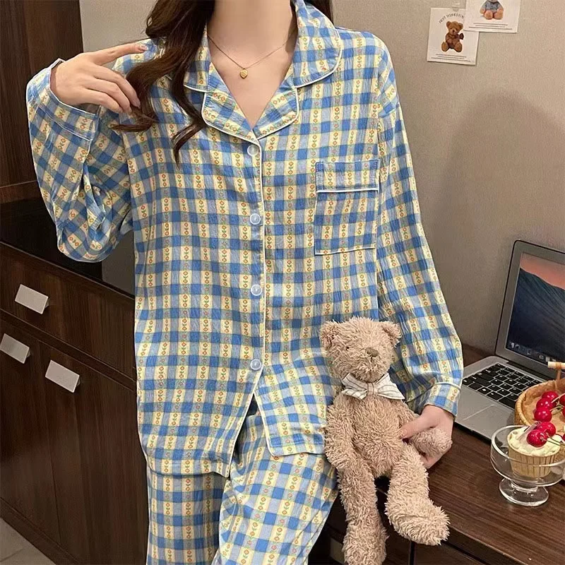 Blue Plaid Pajamas Set Women Retro Cloud Cotton Long Sleeves Long Pants Pj Casual Sleepwear Flower Pyjamas Cute Pijamas Cozy Pjs