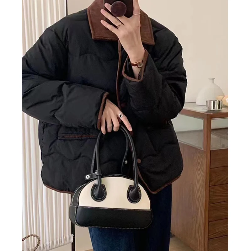 Jaqueta de Aodão Leve e Acolchoada para Mulheres, Estilo Curto, Casaco de Corduroy, Versão Coreana, Ajuste Solto, Manga Lon...