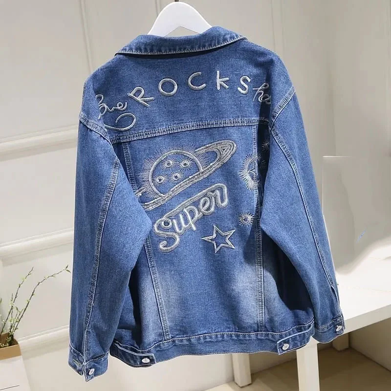 New Women Loose Fitting Leisure Cowboy Tops Korean Female Embroidery Denim Jacket  Autumn Ladies Fashion Long Sleeved Jeans Coat
