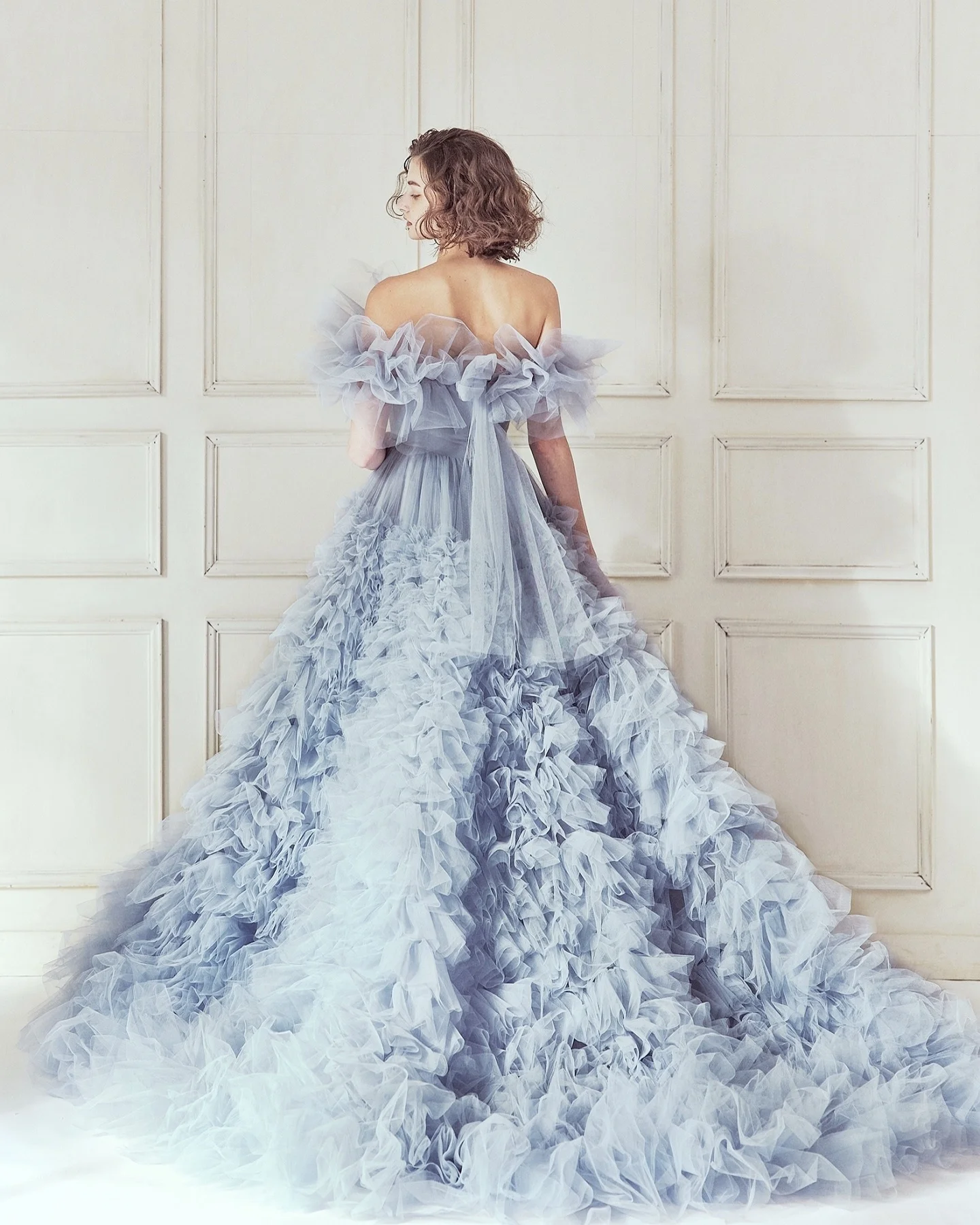

Light Sky Blue Ruffles Tulle Prom Dress Tulle A Line Girls Birthday Party Women Evening Gowns Sweep Train Photo Shoot Dresses