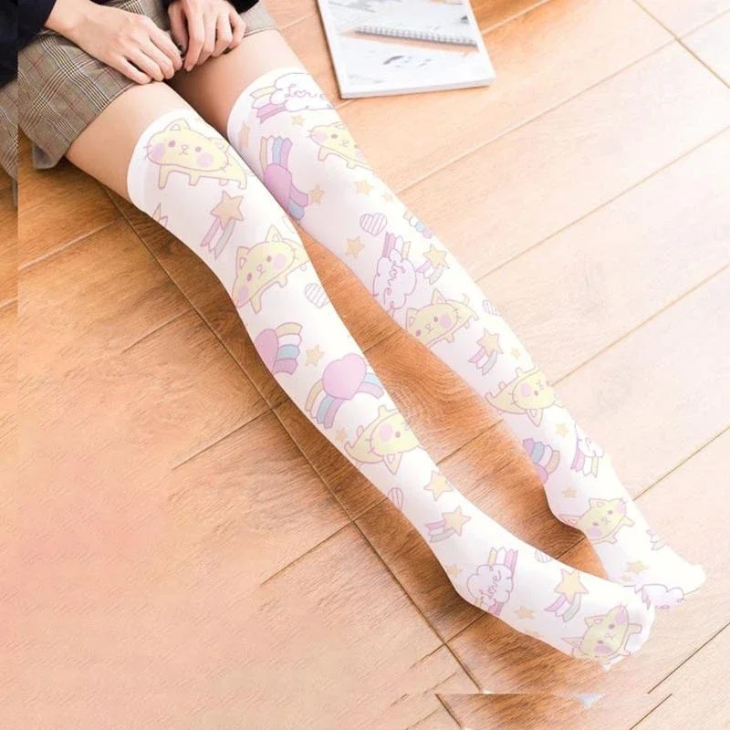 Cartoon Rabbit for Cat Print Thigh High Stockings Anime Over