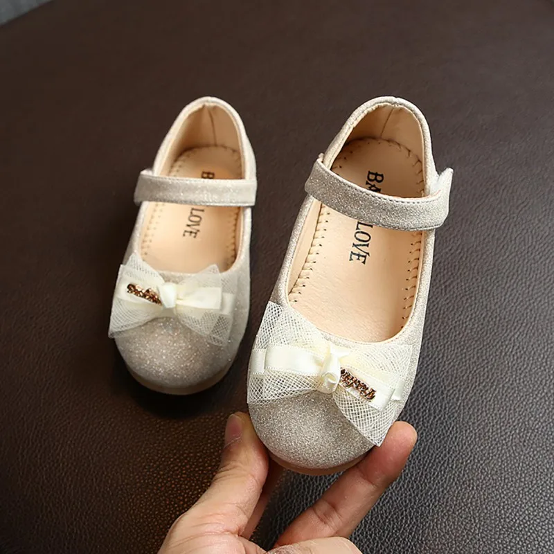 Girls Solid Color Leather Shoes Children Kids Lace Shiny Bow First Party Wedding Princess Shoes Rubber Non-Slip Sole Pu Leather