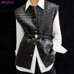 Genuine Leather Vest Women V-Neck Hand Knitting Process Design Chaleco Mujer Belt Slim High Quality Sheepskin Sleeveless Jacket