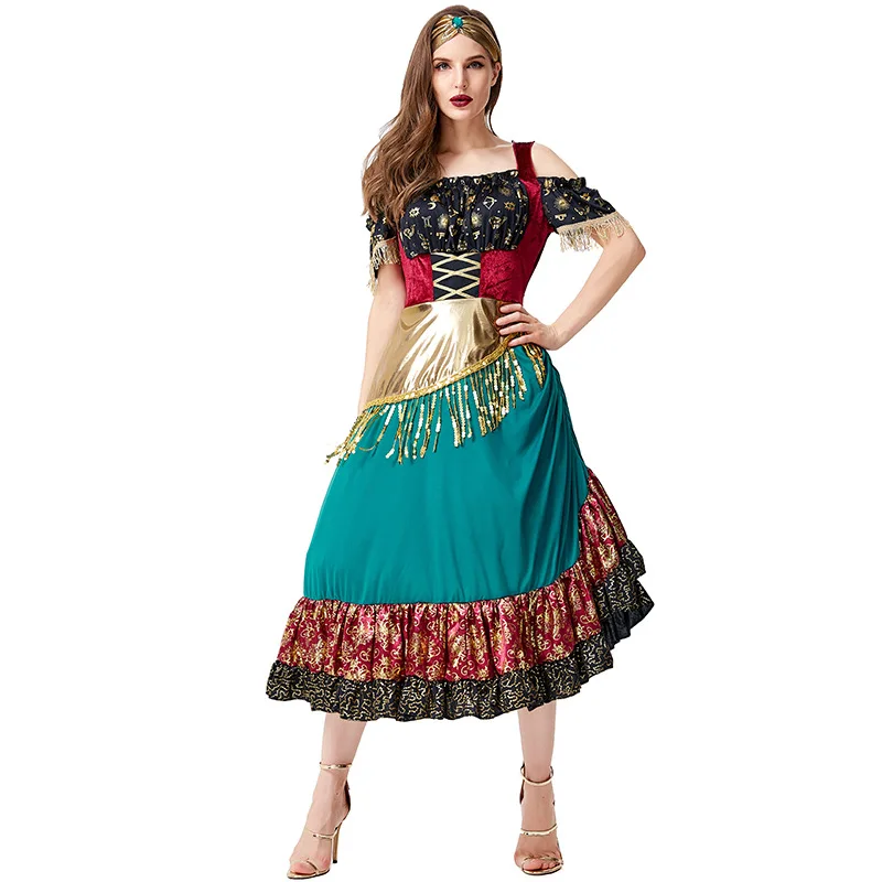 Cosplay Diviner Costume for Women Gypsy Girl Dress Halloween Flamenco Costume Starlight Gypsy Dancer Stage Performance Party