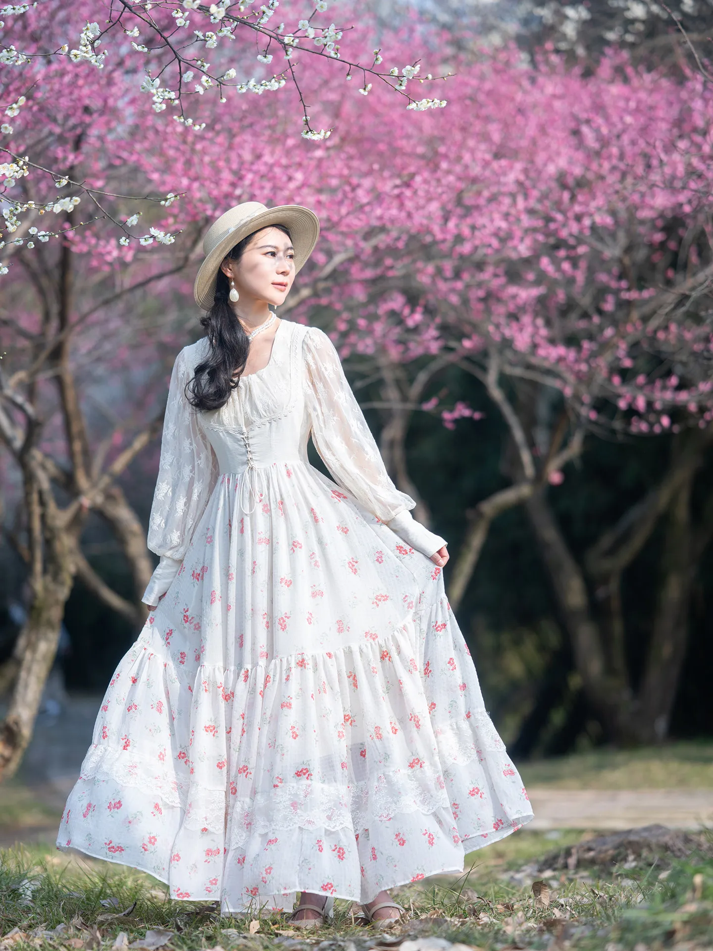 

TIYIHAILEY Womens Summer Lantern Full Sleeve Printed Chiffon Lace Patchwork Dresses S-XL 2026 New Fashion Square Collar Lace Up