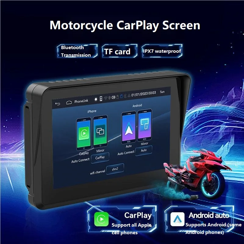 

Portable 5 Inch Motorcycle Wireless Apple Carplay & Android Auto IPS Touch Screen Outdoor IPX7 Waterproof External Moto Screen