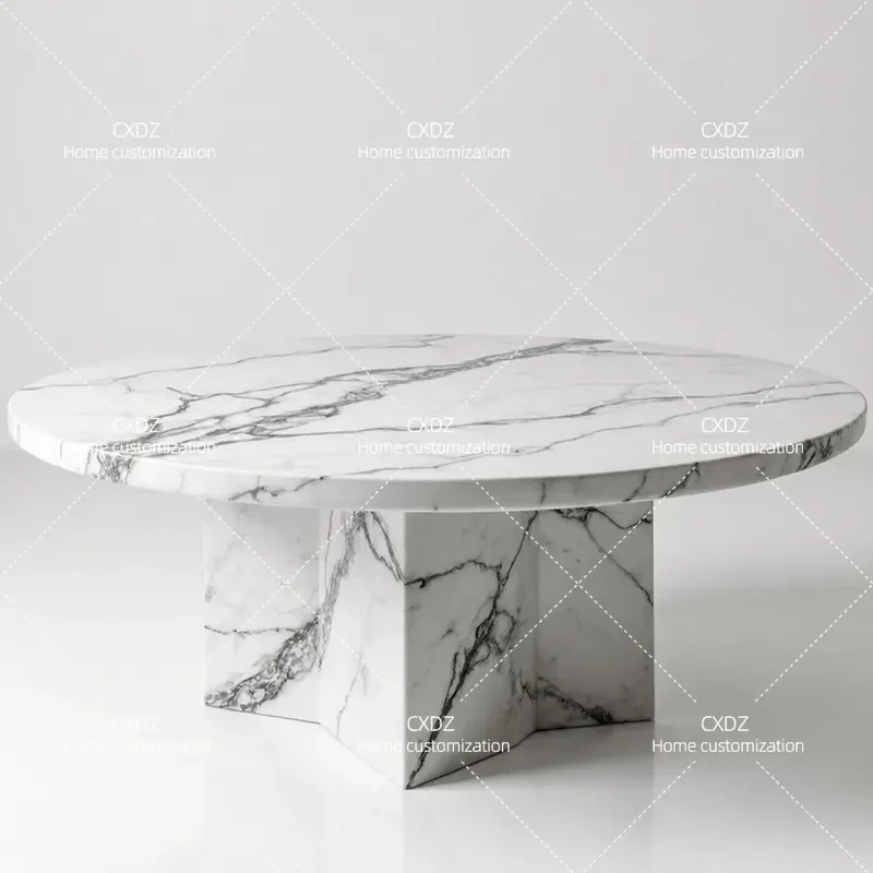 Luxury Natural Marble Round Coffee Table White Cream Big Flower Pattern Simple Modern Living Room Center Table Customizable