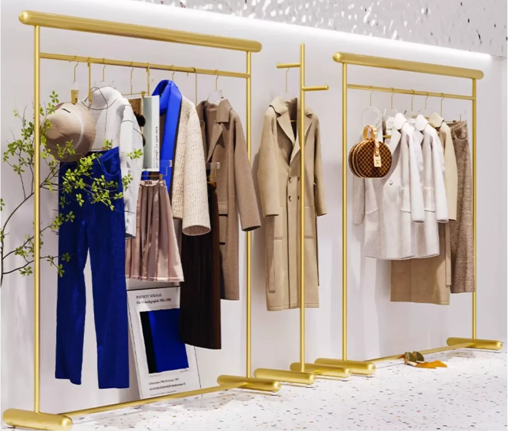 

Clothing store display rack, floor standing high-end gold clothes hanger combination, women's clothing store shelf display rack