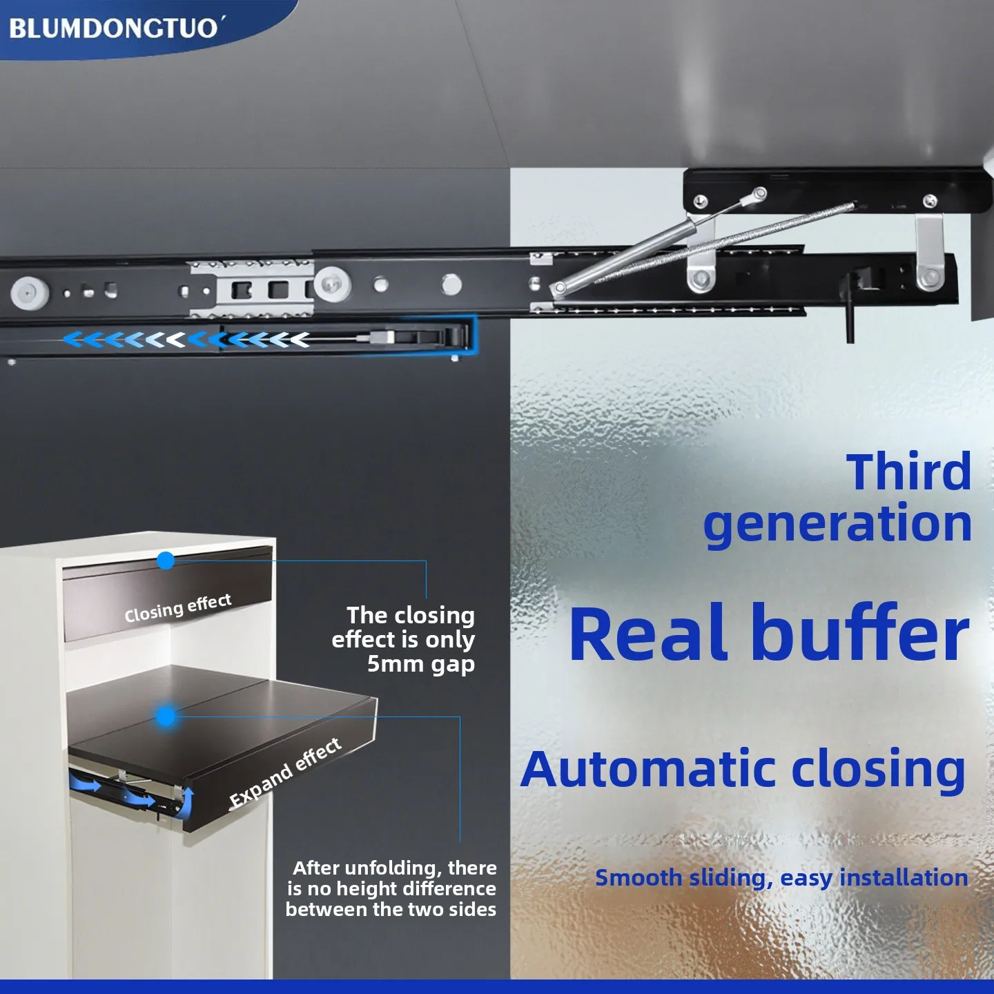Cold Rolled Steel Lift Up Countertop Slide Damped Closing Double Row Ball Bearing Extension Rail Cabinet Desk Conversion