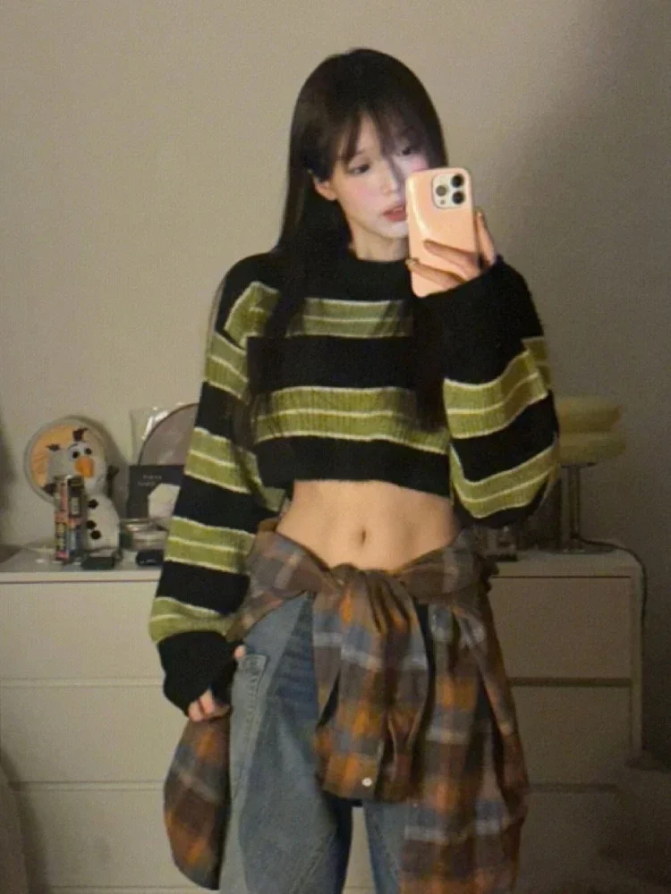 Autumun Y2k Sexy Girl Cropped maglione donna sottile Pullover a righe larghe moda coreana Harajuku Streetwear Vintage Jumper Fairy