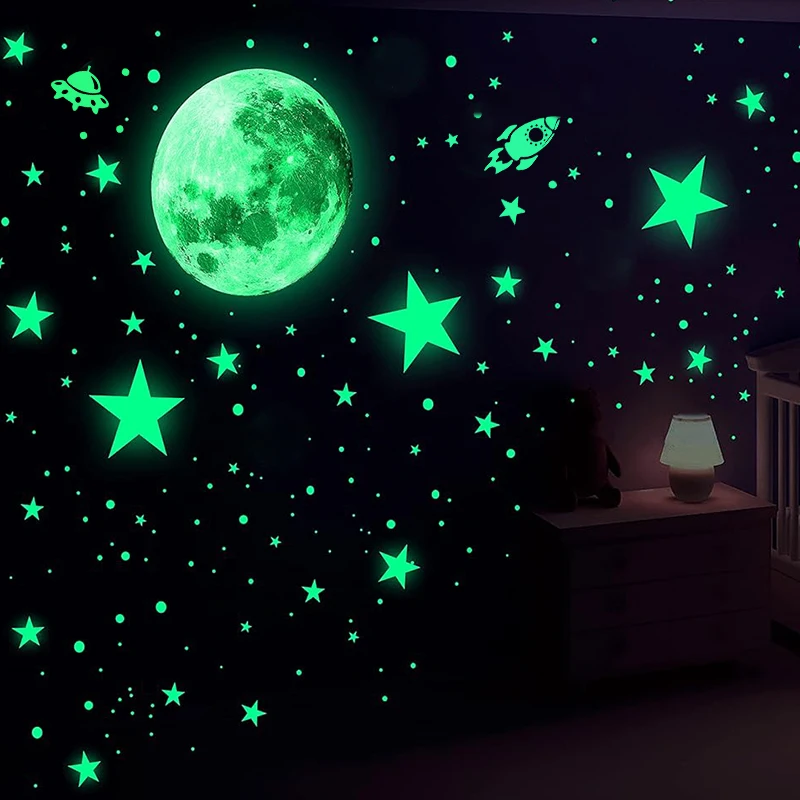 Luminous 3D Stars Dots Wall Sticker Solar System Galaxy Space Nursery Wall Stickers Rocket Astronaut Kids Boys Room Decorations