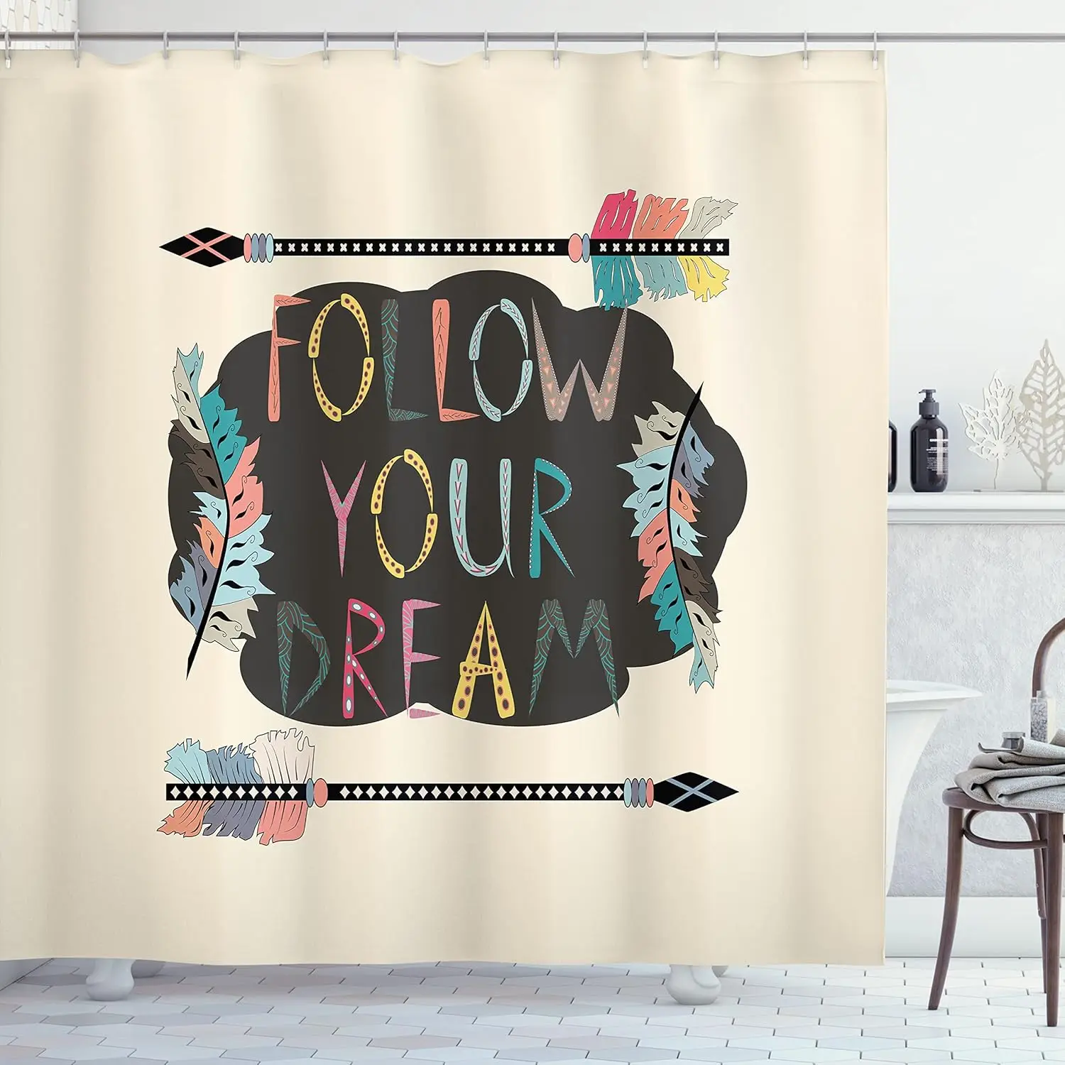 

Follow Your Dream Shower Curtain Boho Arrow Feather Design Inspirational Quote Artistic Theme Bath Decor Waterproof Fabric