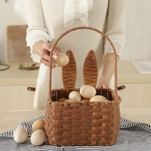 Portable Woven Basket With Bunny Ear Picnic Flower Basket Fruit Snack Sundries Home Storage Organizer
