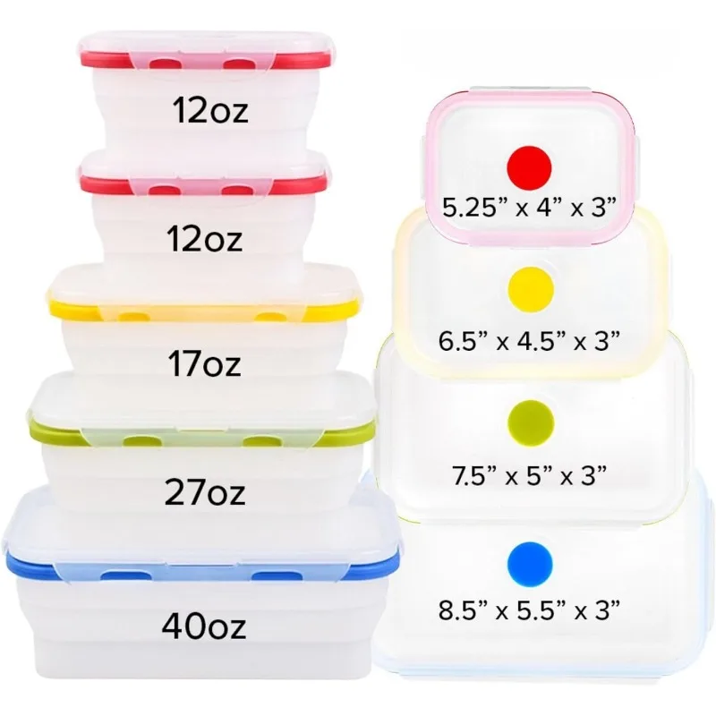 Collapsible Silicone Food Storage Containers with Airtight Snap-Top Lids, Microwave, Dishwasher, Freezer Safe, Set of 5