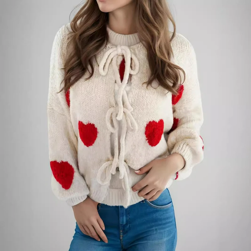 Women Print Knit Sweater Cardigan Full Sleeve Lace Up Thick Jumper Casual Elegant Coat Sweaters Sweet Regular Autumn 2025
