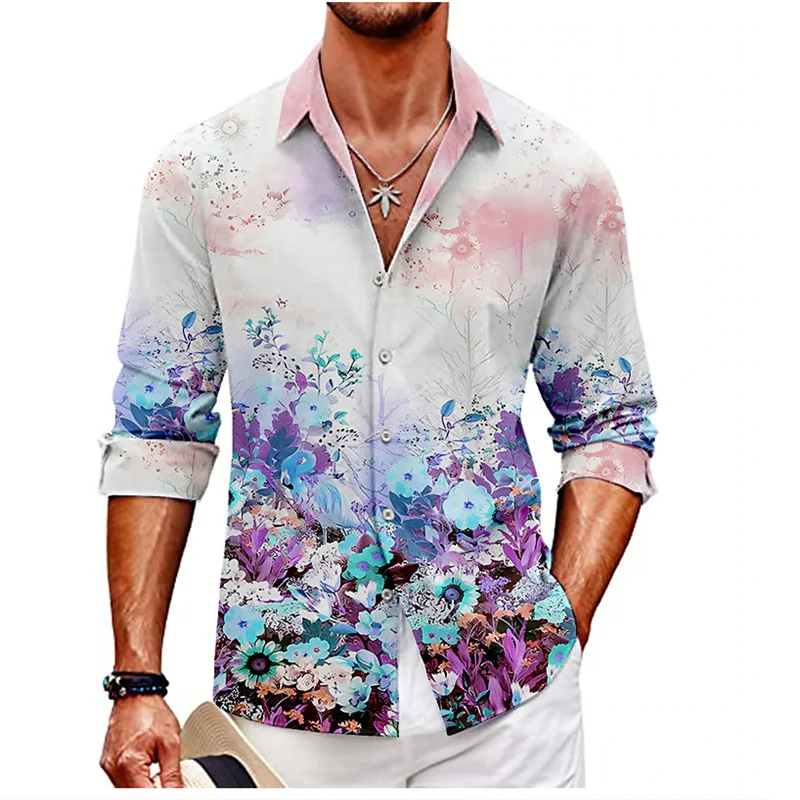 2023 men's flower shirt summer leisure lapel street graffiti flower printing long sleeve oversized shirt men's cardigan