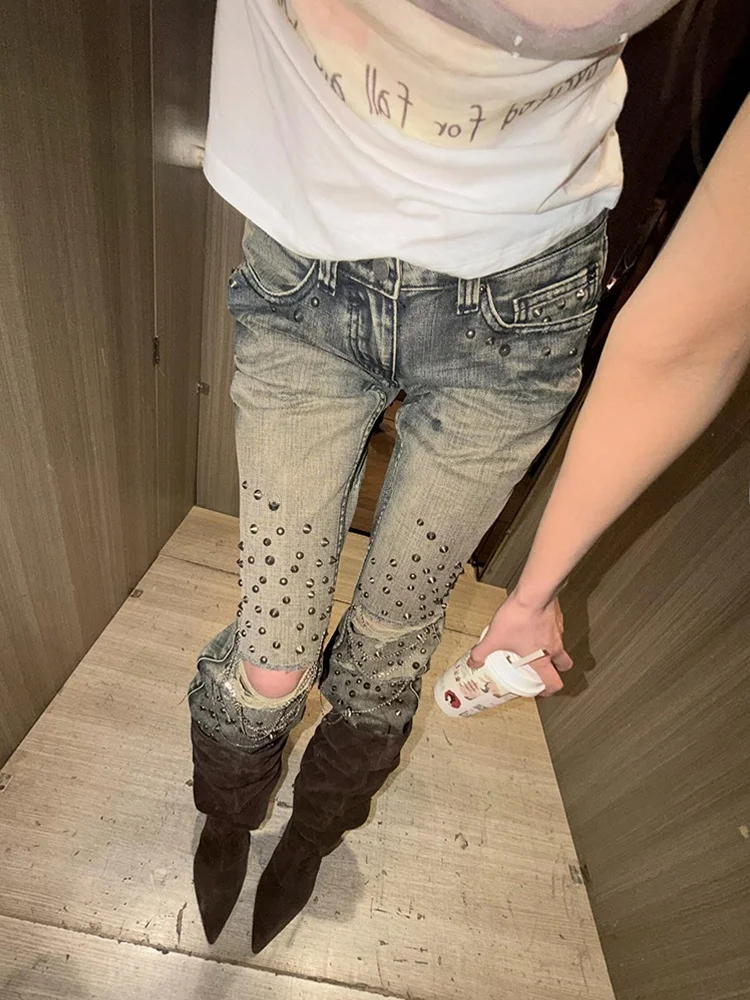 

Retro American Subculture Hole Rivet Denim Jeans Women Summer New Design Sensation Small Micro Flare Long Pants