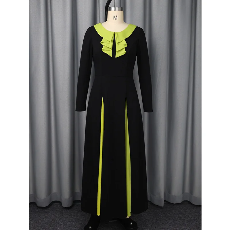 Slergiri Plus Size Contrast Color Frill Trim Maxi Dress Women Spring Autumn Long Sleeve Elegant Party Big Swing A-Line Dresses