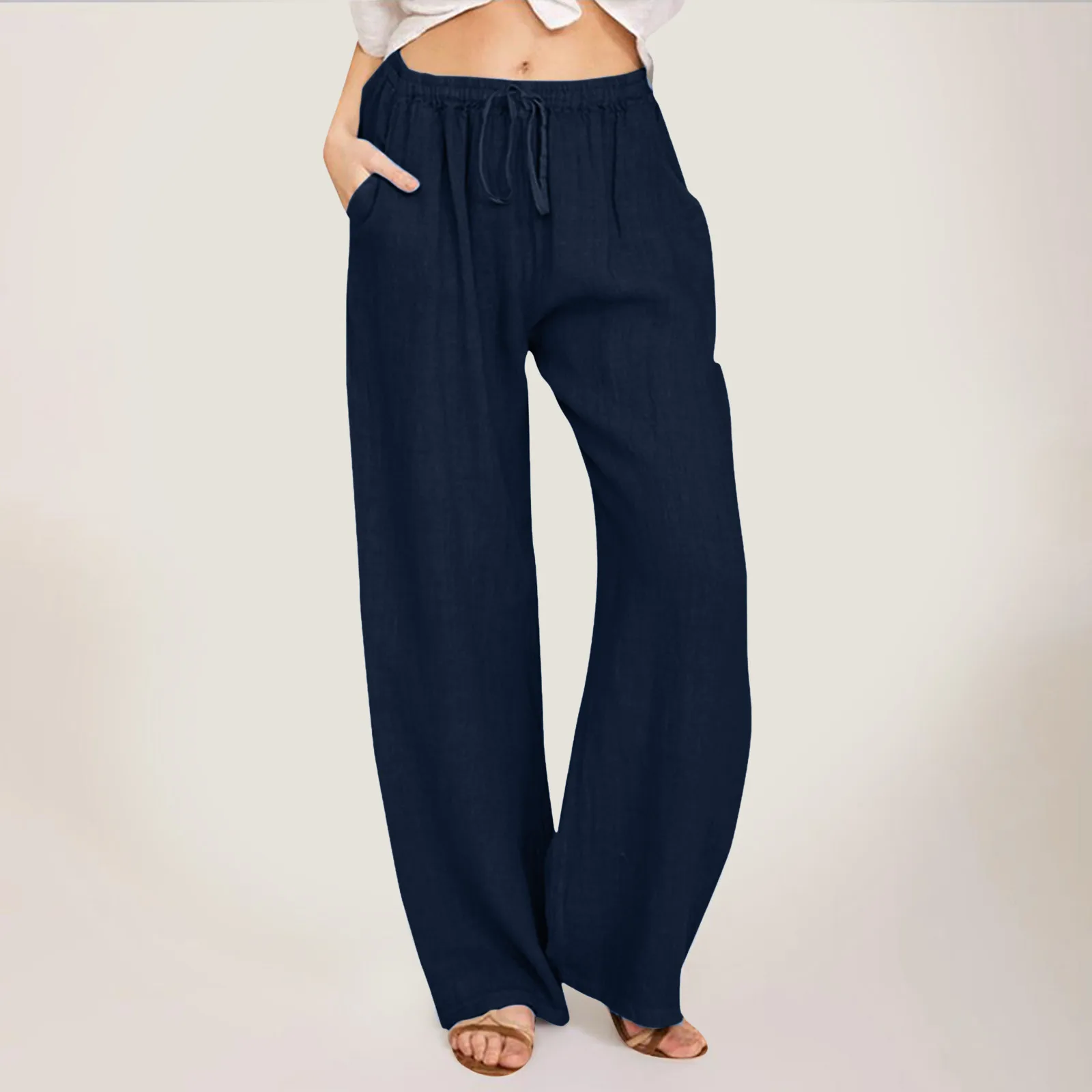 

Women High Waisted Wide Leg Pants Fashion Drawstring Elastic Trousers Comfy Straight Leg Long Pants With Pockets
