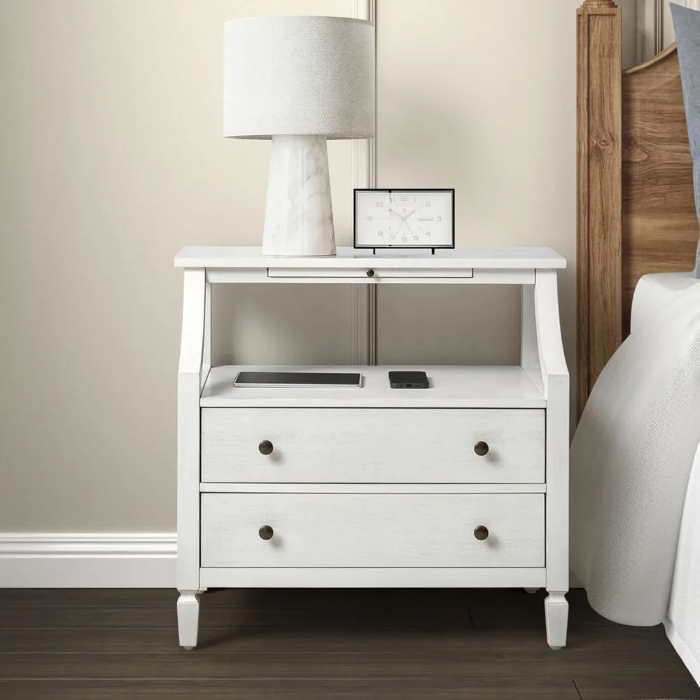 Large Bedside Table with Charging Station and 2 Drawers, Nightstand with Pull-out Shelf, Side Table with Bedroom Storage