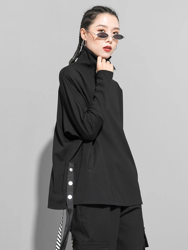 [EAM] Women Black Irregular Ribbon Big Size Casual T-shirt New Turtleneck Long Sleeve Fashion Tide Spring Autumn 2024 1DF5280