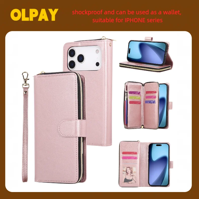 

OLPAY Women Wallet Phone Case For Iphone Air 17ProMax 17 16E 16ProMax 16 15Pro 14Pro 13 12 11 7 8 6 XSmax XR With Cash Card Slot