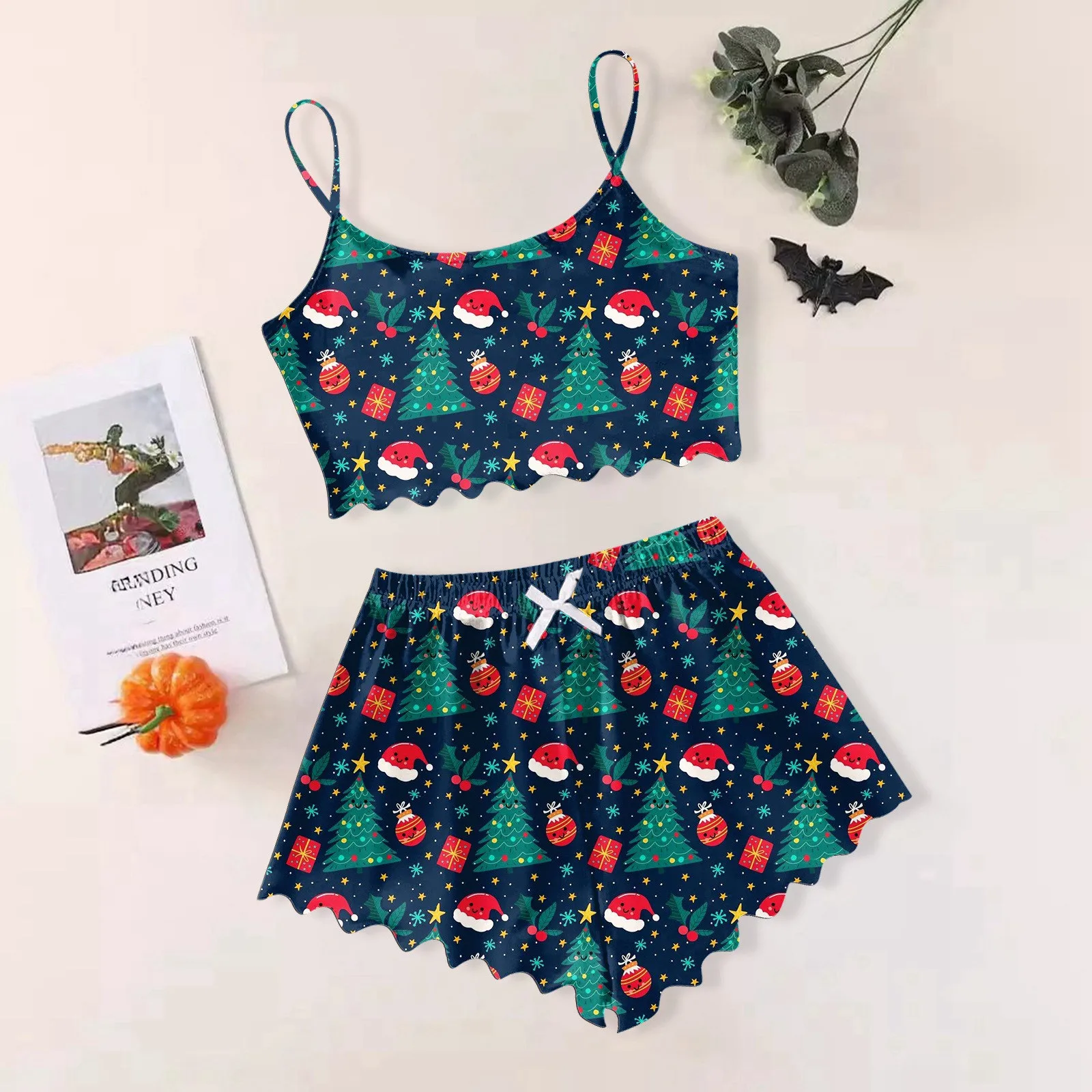 Women's 2pcs Cute Soft Comfy Christmas Pyjama Set Xmas Santa Claus Print Tank Top & Bow Front Shorts Sleepwear Set