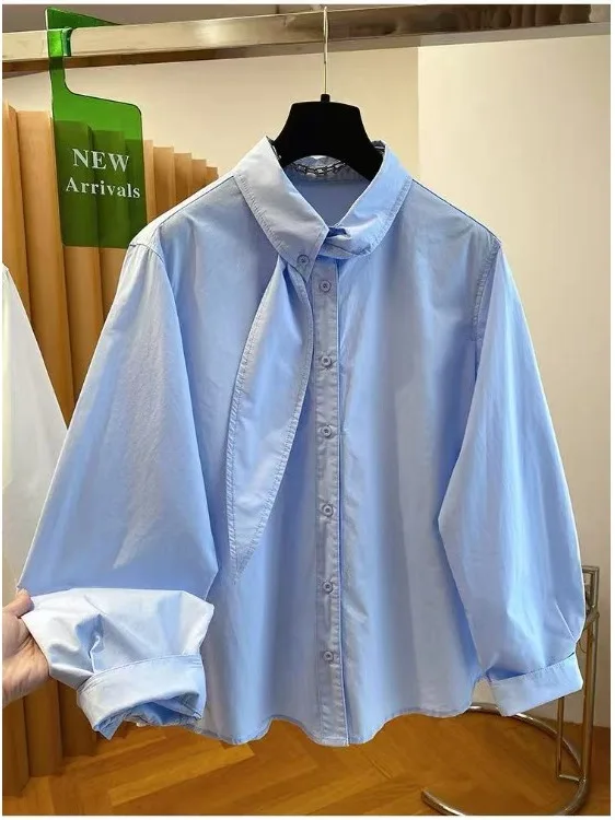 

Elegant Blue Bow-Tied Loose Women's Shirt Stylish Spring Fashionable Top Breathable Long Sleeve Collar Open Cardigan