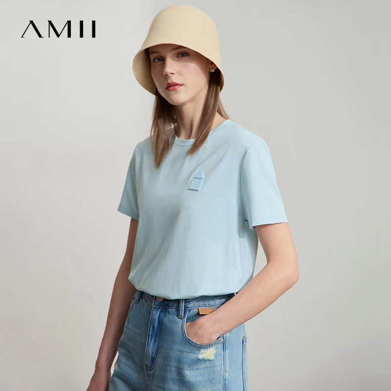 

Amii Minimalist New Summer T-shirt Women Round Neck Extremely Antibacterial Ice Porcelain Cotton Fitted Elastic Tops 12522149
