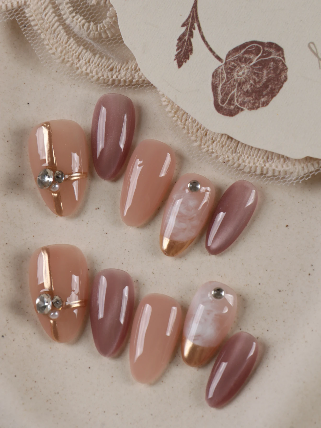 10Pcs Press on Nails  short almond Purple Cat Eyes nail art Fake Nails Includes 1 Sheet Adhesive Tabs & 1 Pc Mini File