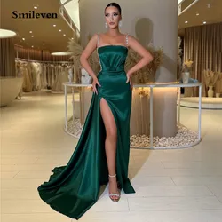 Smileven vestido de noche de sirena de satén verde cazador, vestido de fiesta con correas de cuentas, vestidos de cóctel divididos de lado alto hechos a medida