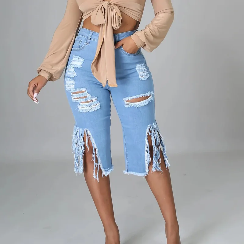 

Women Jeans Hole Ripped Tassle Low Waist Elastic Flare Knee Length Denim Pants Sexy Fashion High Street Trousers 2021