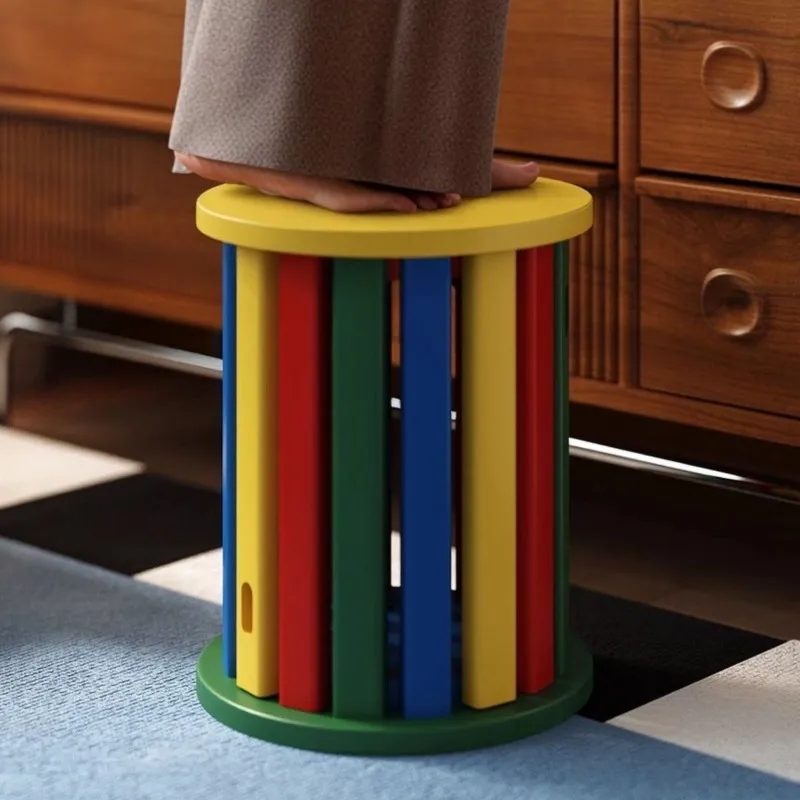 Solid Wood Stool Household Stackable New Living Room Dopamine Creative Round Stool Stacking Stool Colorful Storage Spare Stool image 3