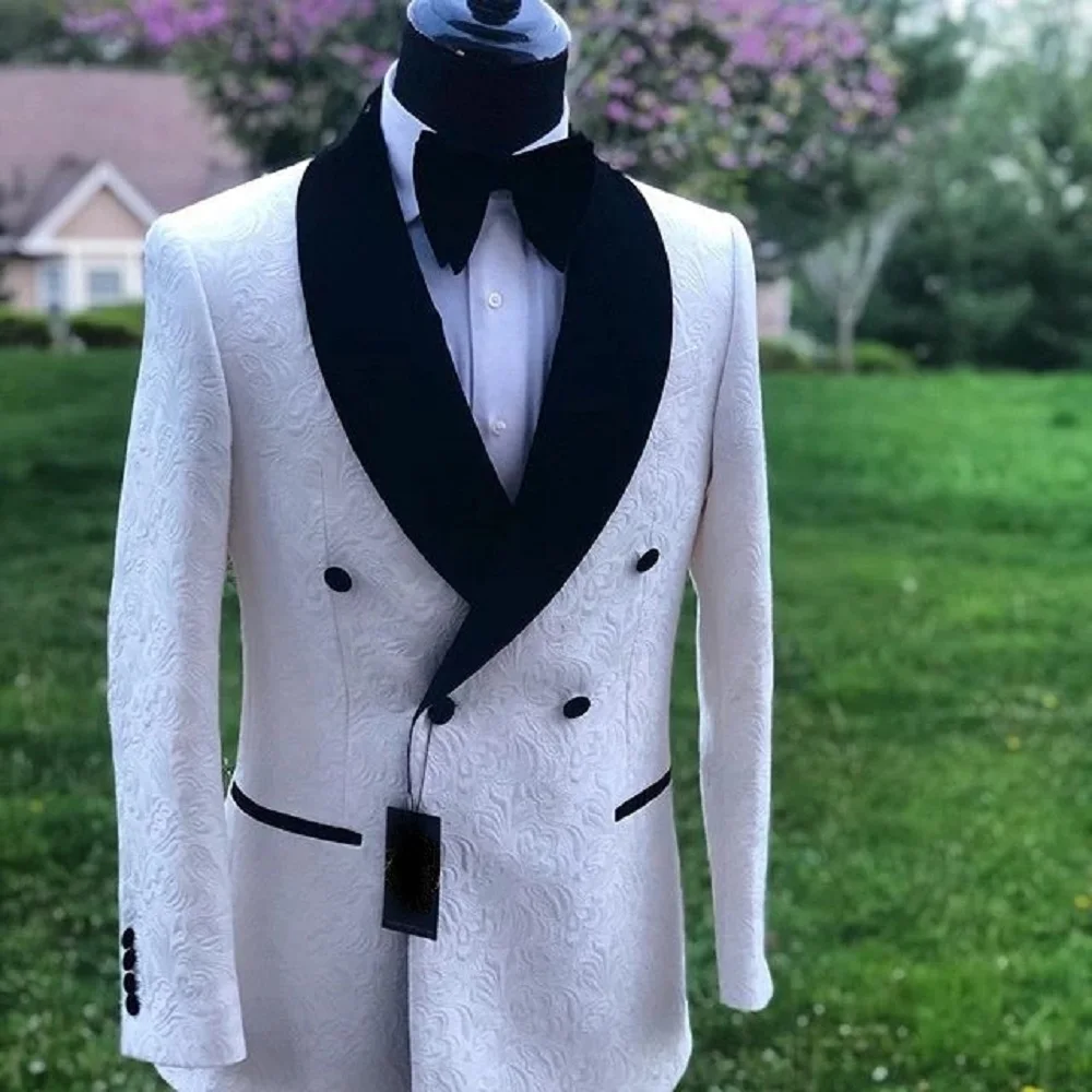 

Hand Made White With Black Satin Shawl Lapel 2 Pieces(Jacket+ Black Pants) Dinner Suit For Wedding