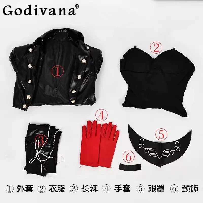 Gioco Royal Costume Cosplay per donna Natale Parrucca nera Tute Cappotto in PU Set Donna Autunno Halloween Abito da festa sexy