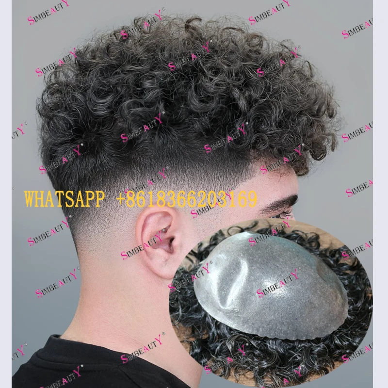 Coklat pria 100% rambut manusia Sistem prostesis 18mm keriting Afro hitam pria tahan lama penuh PU dasar rambut palsu alami garis rambut