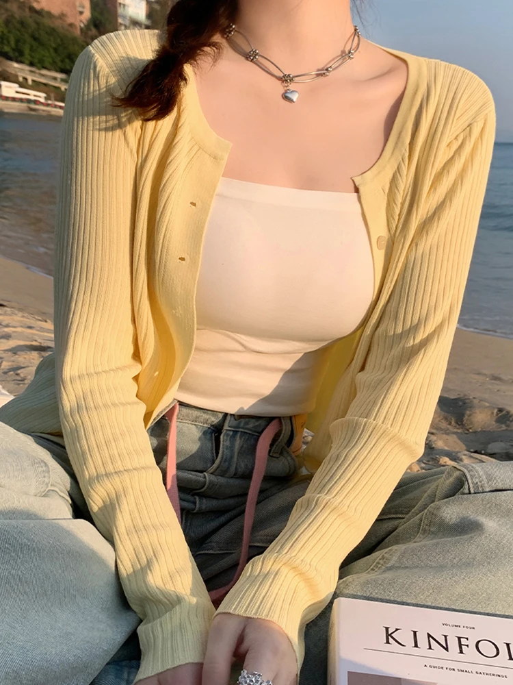 

2025 укороченные кардиганы с длинными рукавами, женская тонкая трикотажная верхняя одежда, однотонные весенне-летние свитера с круглым вырезом, корейская модная одежда