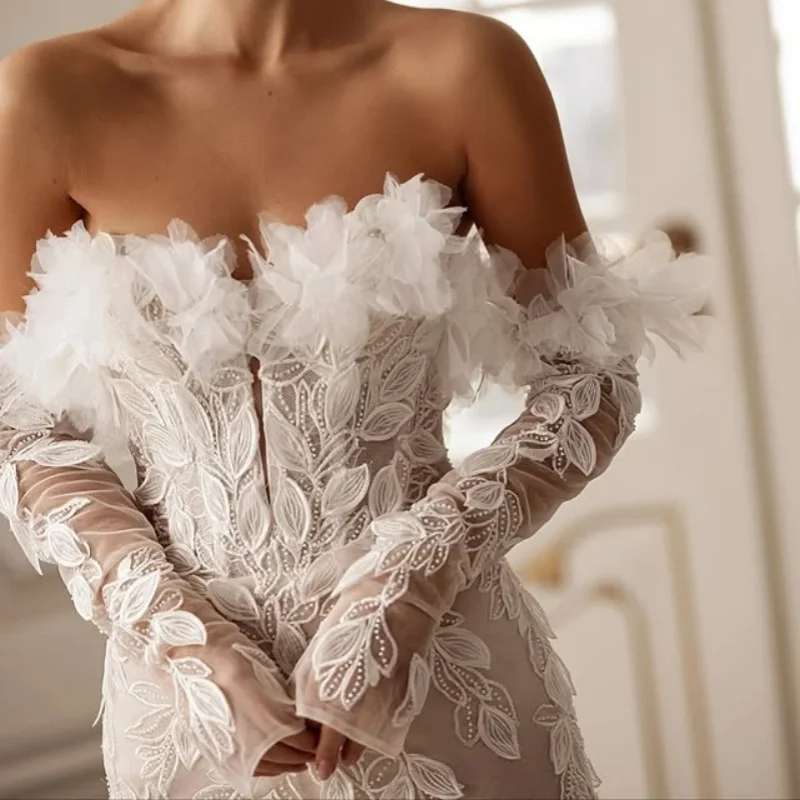 ivory Appliques Lace layering Wedding Dresses of fishtail long sleeves 3D flower decal Bridal Gowns Made Customized
