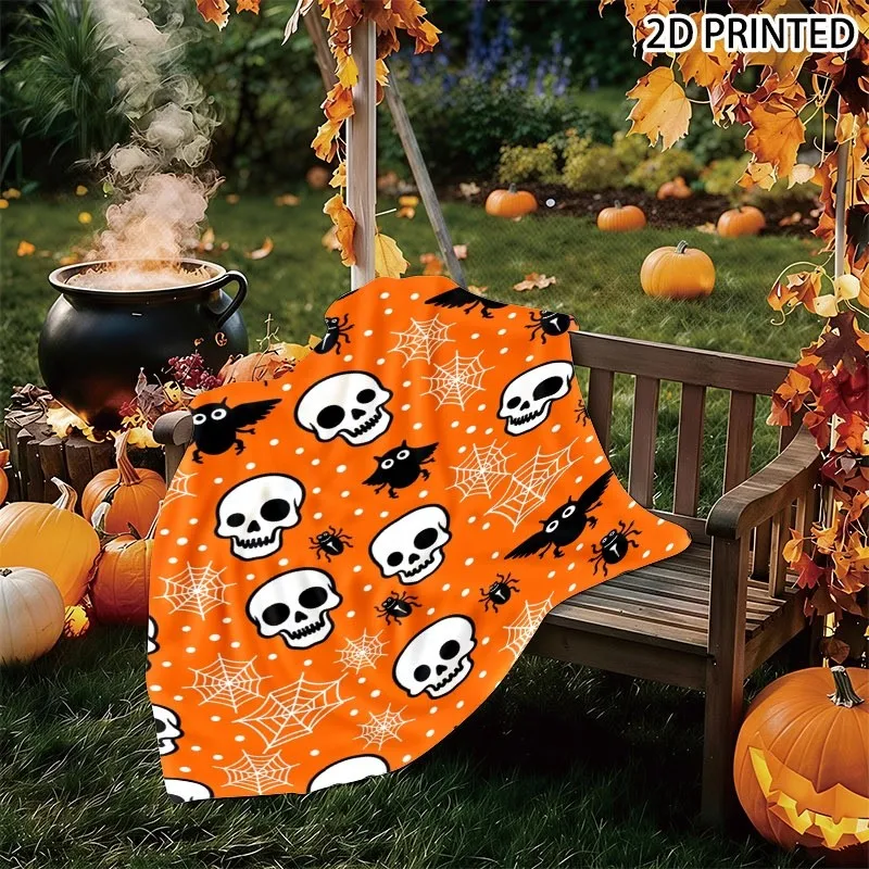 Playful Spooky Halloween Themed Small Throw Blanket, Orange Background with Scattered Skulls, Spiders, Beetles & Spider Web Prin