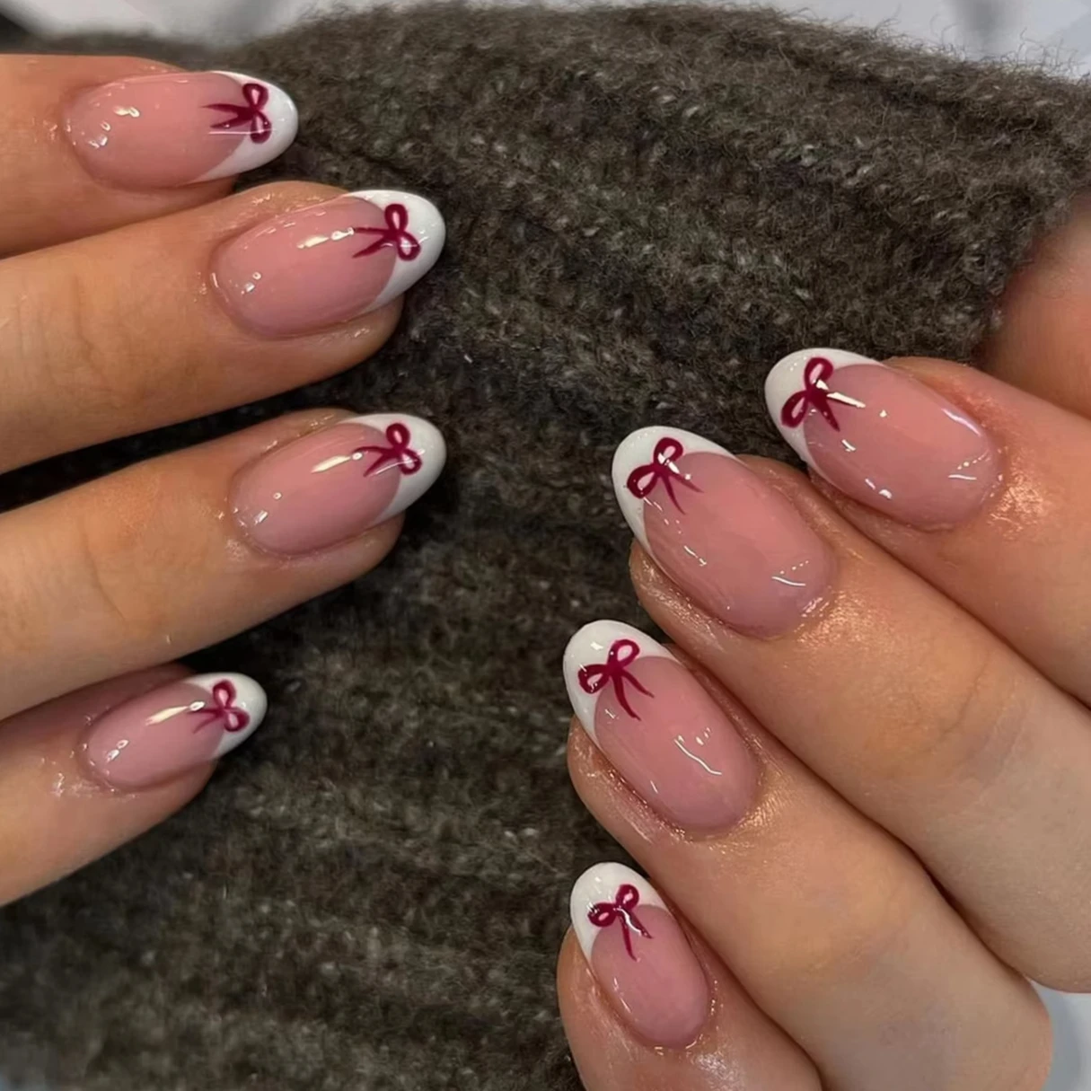 Coquette French Bow Nails, Short Almond Nude Pink with Red Bow Print, Reusable Press On Tips